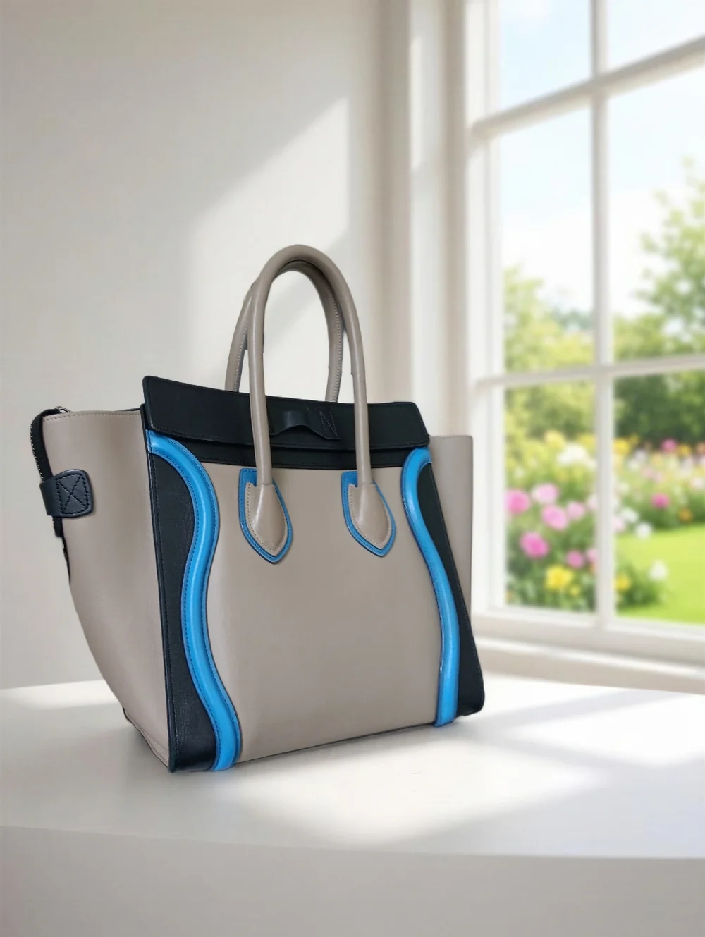 Celine Micro Luggage Tote Tricolor Leather Beige Blue Black Italy ✨ EUC - Picture 7 of 15